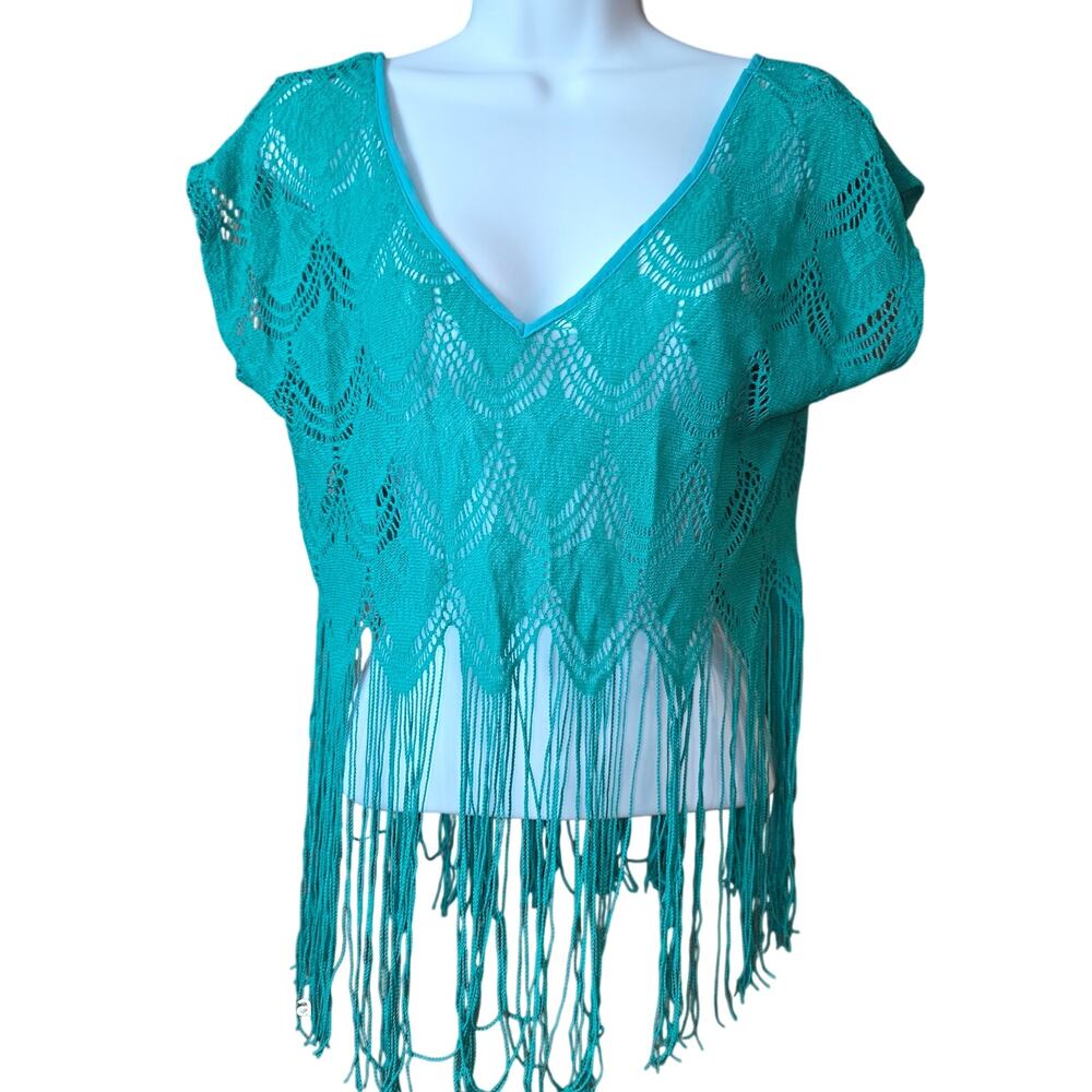 Love Squared green, cropped fringed‎ bathing suit cover up top sz XS Sm